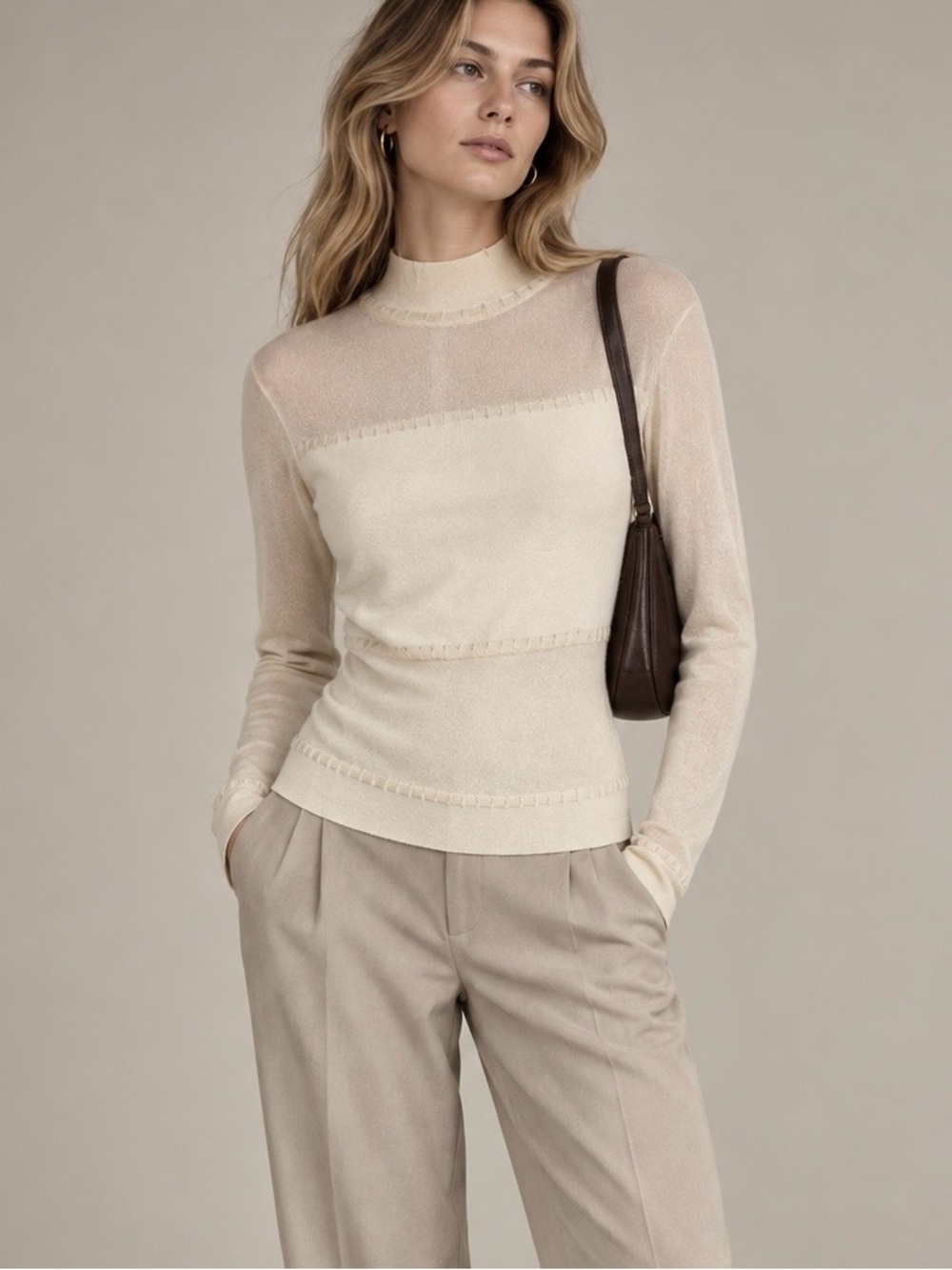 Ivory 93% Silk Sheer Panel Mock Neck Sweater Top S/M Y2K Quiet Luxury